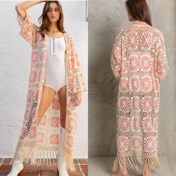 POL Sweaters - POL Kauai Crochet Long Tie Cardigan In Blush Beige Size Medium Granny Squares